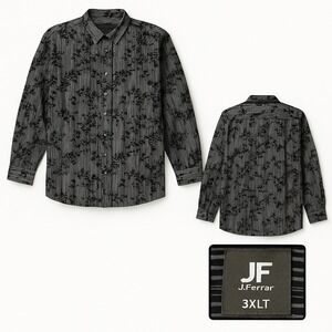 JF J. Ferrar Men 3XLT Big & Tall Shirt Striped Flocked Velvet‎ Floral Black Gray